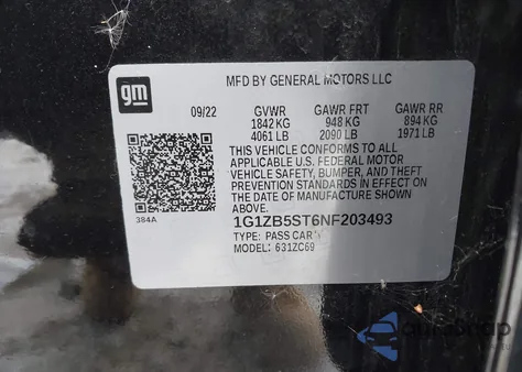 2022 Chevrolet Malibu Fwd Ls z USA, uszkodzony, nr VIN 1G1ZB5ST6NF203493